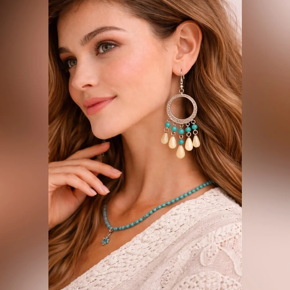 Silpada W1346 925 Sterling Silver Turquoise + Mother of Pearl Earrings HTF